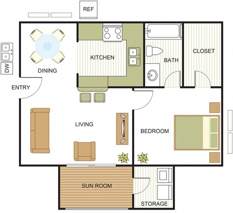 Floor plan for 1 bed, 1 bath, 667 sqft